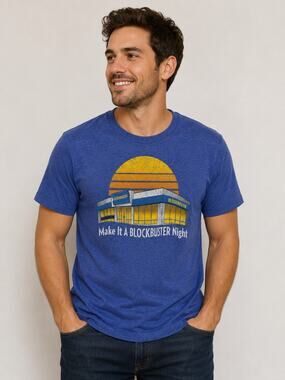 Blockbuster "Make It A Blockbuster Night" Graphic T-Shirt Blue Retro Movie Tee S